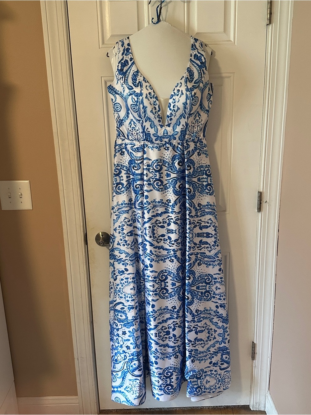 Blue and White Printed Ballgown